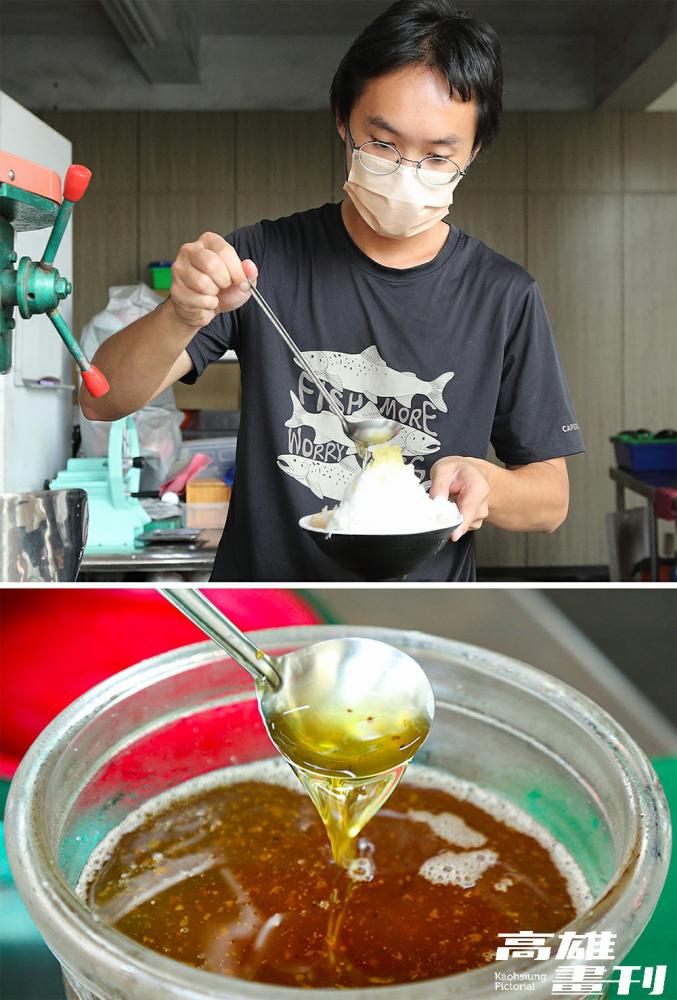 不加任何一滴桂花香精，以大量乾燥桂花熬煮出金黃色桂花蜜，淋在清冰上就很美味。(攝影/Carter)
