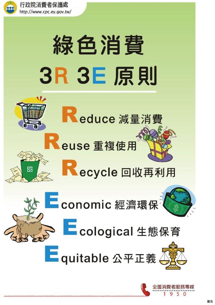 「綠色消費」提供一般大眾友善環境的消費模式，適度消費、優先選擇對環境衝擊較低的綠色產品，有助減少碳排放。(圖片提供/行政院消費者保護處)