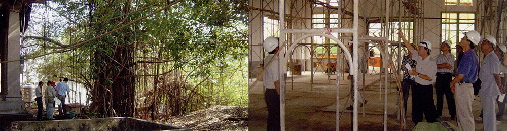 委託建築師事務所完成修復計畫與調查研究後，邀請樹醫生楊甘陵生來高雄為殿前喬木診斷。（左圖圖片提供／高雄市文化局） 陸續完成占用戶拆遷，辦理修復工程之規劃設計及監造。（右圖圖片提供／高雄市文化局）