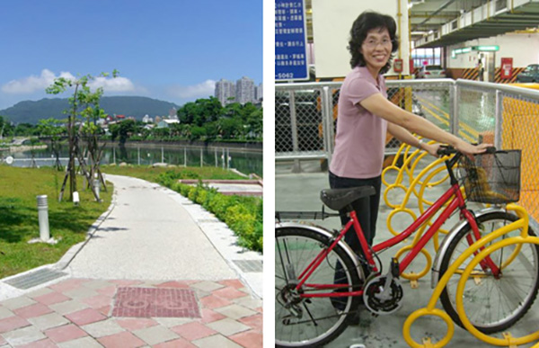 愛河之心的自行車道，與河畔景色連成一線。(左圖/樺航攝) 洽公民眾說，能把寶貝愛車放在四維立體停車場，真的是安心多了！(右圖/樺航攝)