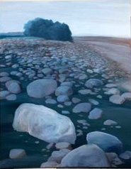 高屏溪系列作品「冬日殘流」，王信豐表現出冬日乾涸的河床景致。（圖/郭力睿攝）