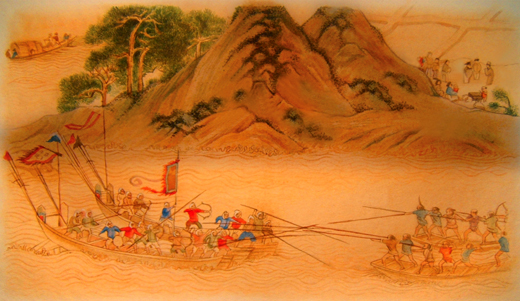 仿仇英(明)的《倭寇圖》，有學者描述此為俞大猷將軍在台灣外海，與海賊惡鬥的情形，因此，右邊凶惡的海盜，說不定就是林道乾喔！(圖/黃正龍繪)