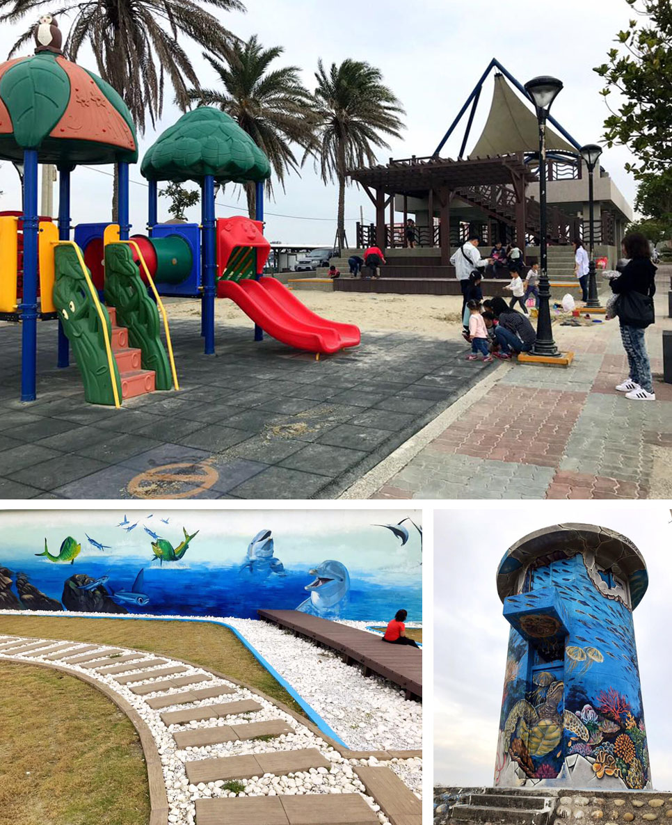 海岸光廊兒童遊戲區。左：海岸光廊迎賓牆。右：海岸光廊彩繪燈塔。（楊涵妮．攝影）