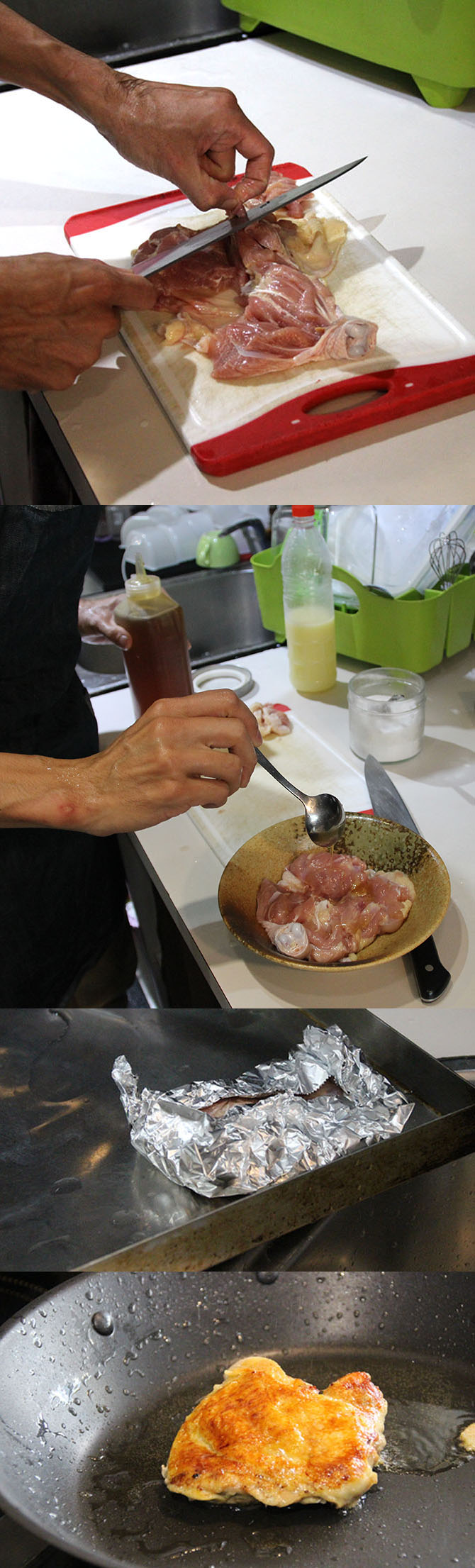 將雞肉去骨後，以蜂蜜醃漬，在烤箱中烘烤鎖住肉汁，再以油鍋將表皮煎成金黃色。quava‧攝影）