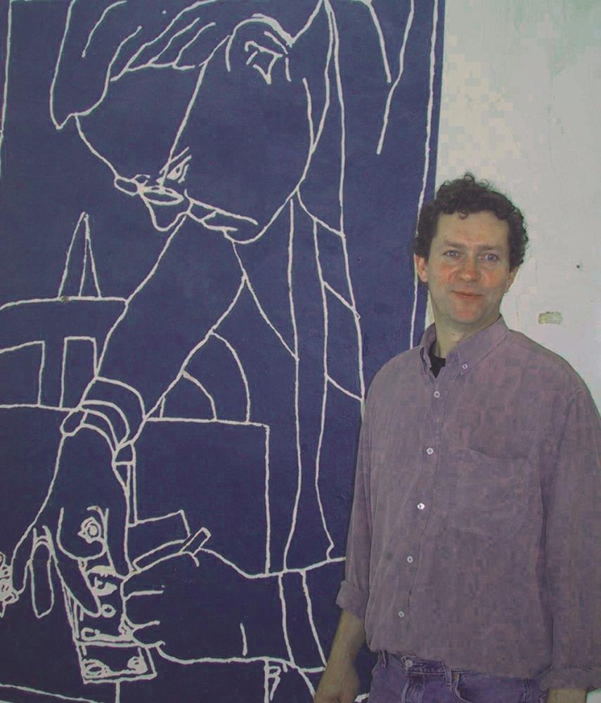 The picture behind Mr. Knox, the organizer of this exhibition, is an image projected on to the wall from a slide machine and then painted by him on the wall. It shows Minister of Finance of the United States signing on a note.