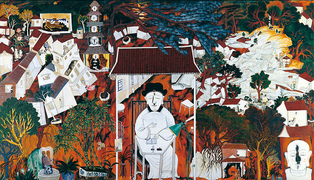 \"At 40, One Begins to Understand the World\" was painted by Ming-Tse Lee when he was 40. In this painting, he looks like a rich guy wearing traditional Chinese attire whilst carrying a lamp. The painting also has messages of his traveling experiences as well as an incident of his home being burgled whilst a young boy. If you look carefully enough, you can find surprises in the finer details. (Courtesy of the Kaohsiung Museum of Fine Arts)