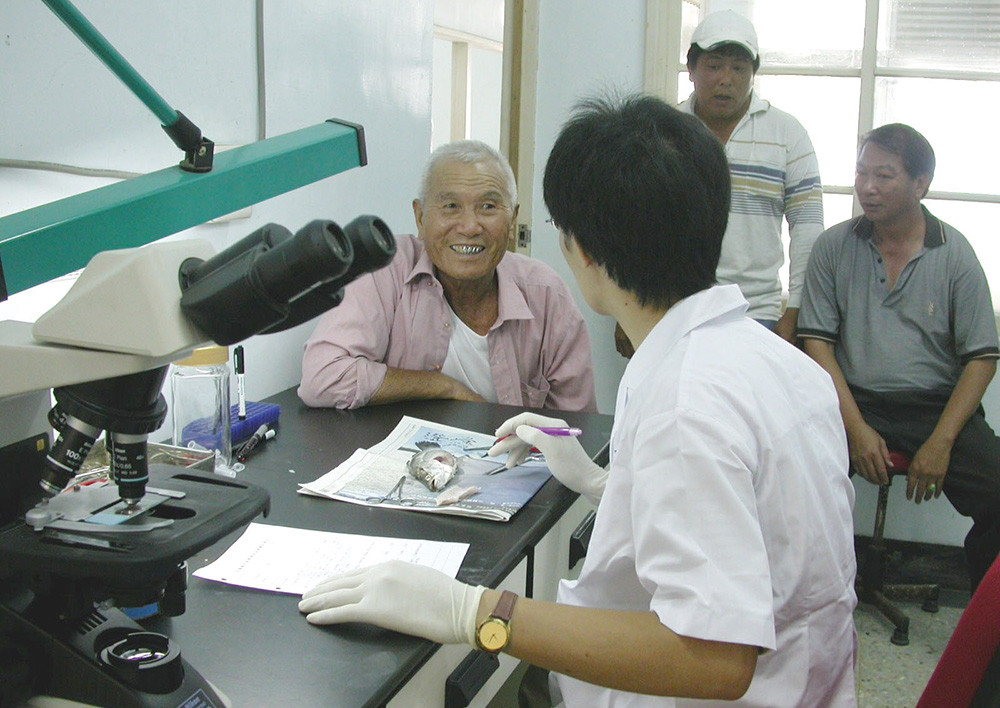 The veterinarians examine diseased fish.