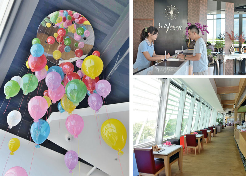 Balloon-like stained-glass lampshades(left)、Dining area