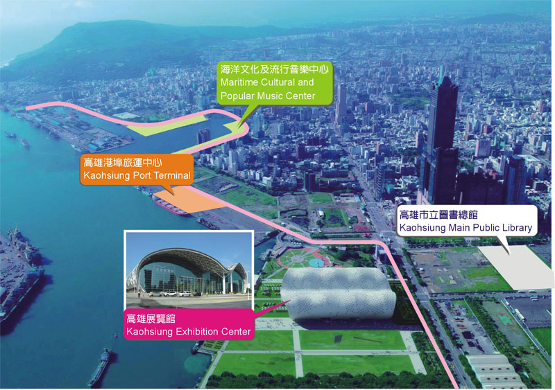 The Light Rail serves Kaohsiung\'s New Bay Area (shown as pink line)