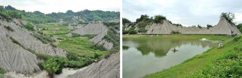 Reflections of exposed mudstone ridges can be seen in fish ponds.
