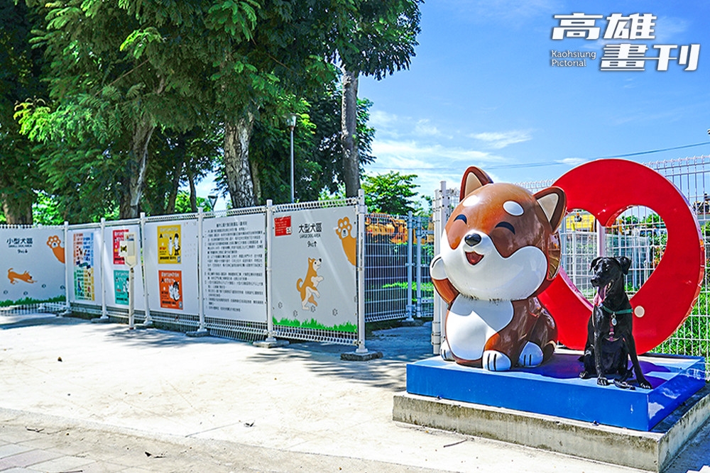 中山公園鄰近學校與社區，民眾休憩與親子活動頻繁，以逗趣的柴犬裝置藝術「迎賓」。(攝影/曾信耀)