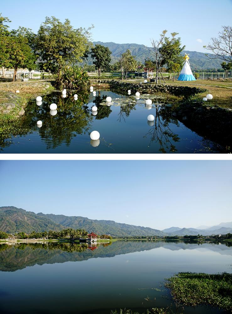 美濃湖畔的美濃好光景，花前月下正好來夜遊賞燈。（攝影／曾信耀）