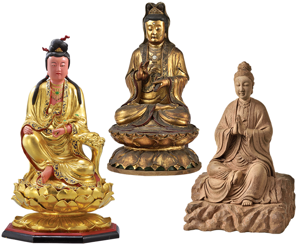 對照施至輝（左）、施修禮（中）、施世曈（右），三代分別雕刻的觀音作品，可看出代代傳習，融合了傳承與個人表現，正是其可貴之處。（照片提供/文化部文化資產局）