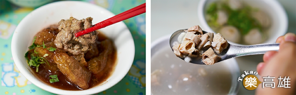 肉圓表皮酥脆，內裏軟Ｑ；豬腸四神湯燉煮出淡淡四物香氣，放料不手軟。（攝影/Cindy）