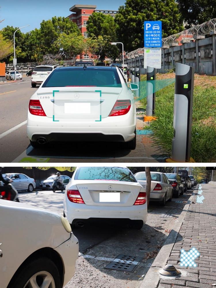 智慧停車格配合現有空間和地形，設置立柱式、嵌入式（如箭頭指示）等規格的車牌感應及辨識器。（圖片提供/高雄市政府交通局）