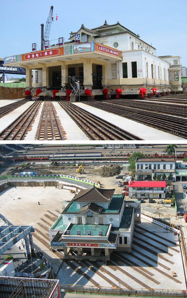 搬遷車站使用總掘工法，先以千斤頂抬高建築，再鋪設鋼軌緩慢平移。（圖片提供/交通部鐵道局南部工程處）