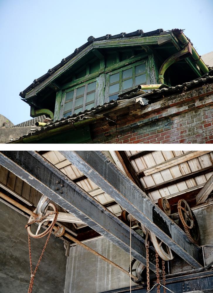 （上）竹寮取水站站長室如同小閣樓矗立建築之上。（下）屋樑上的維修天車軌道難得一見。（註：不對外開放）