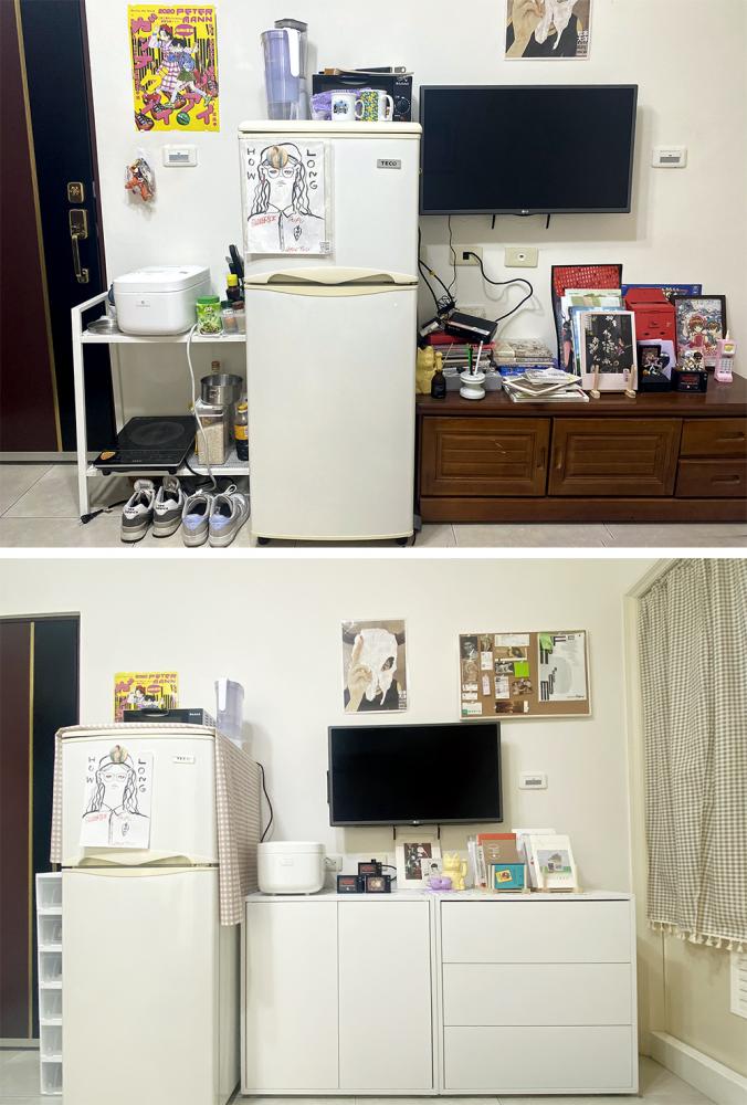 君君有許多動漫周邊收藏，非常需要收納空間。Penny移動鞋櫃位置改變進屋動線，同時增高電視下的收納櫃，檯面還可放置電子鍋和收藏品。(圖片提供/高雄市政府青年局)(上圖為改造前、下圖為改造後)