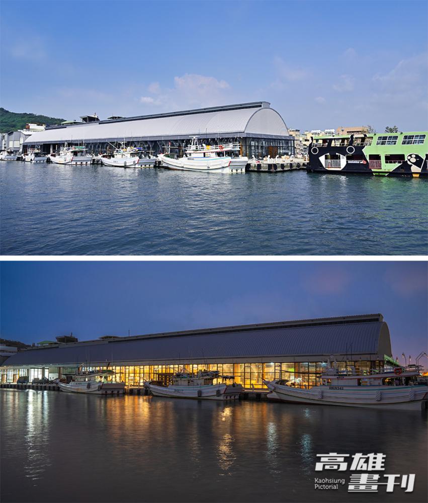 改造後的鼓山魚市場以透明盒子為概念，用透光材料營造室內明亮感，白天、夜晚各有不同風情。(上圖：攝影/Carter、下圖：黃敬文)
