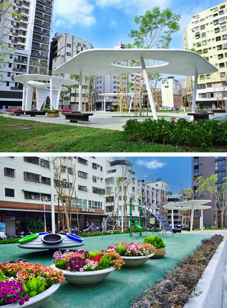 府北公園佔地800多坪，開放性街角廣場設計，可導引民眾進入公園（上圖），通透明亮、視野寬闊的大草坪將可為府北路增添更新的面貌(下)。(圖片提供/高雄市政府工務局養護工程處)