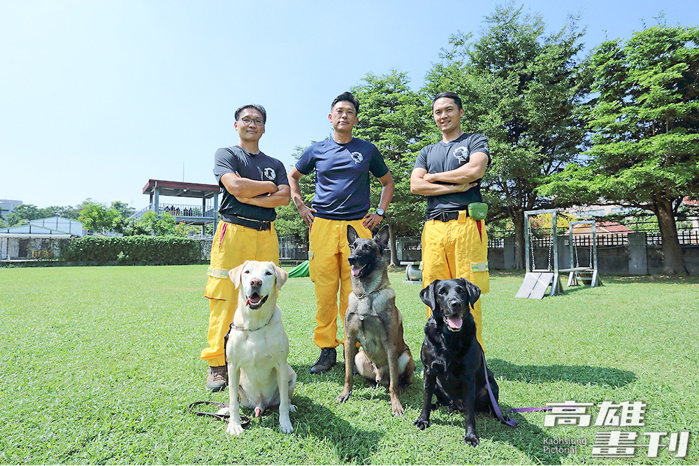 高市府消防局特搜中隊搜救犬隊的領犬員和搜救犬(左：Roger、中：傳八、右：Zoe)曾共赴許多任務，走過無數災害現場，彼此默契十足。(攝影/Carter)