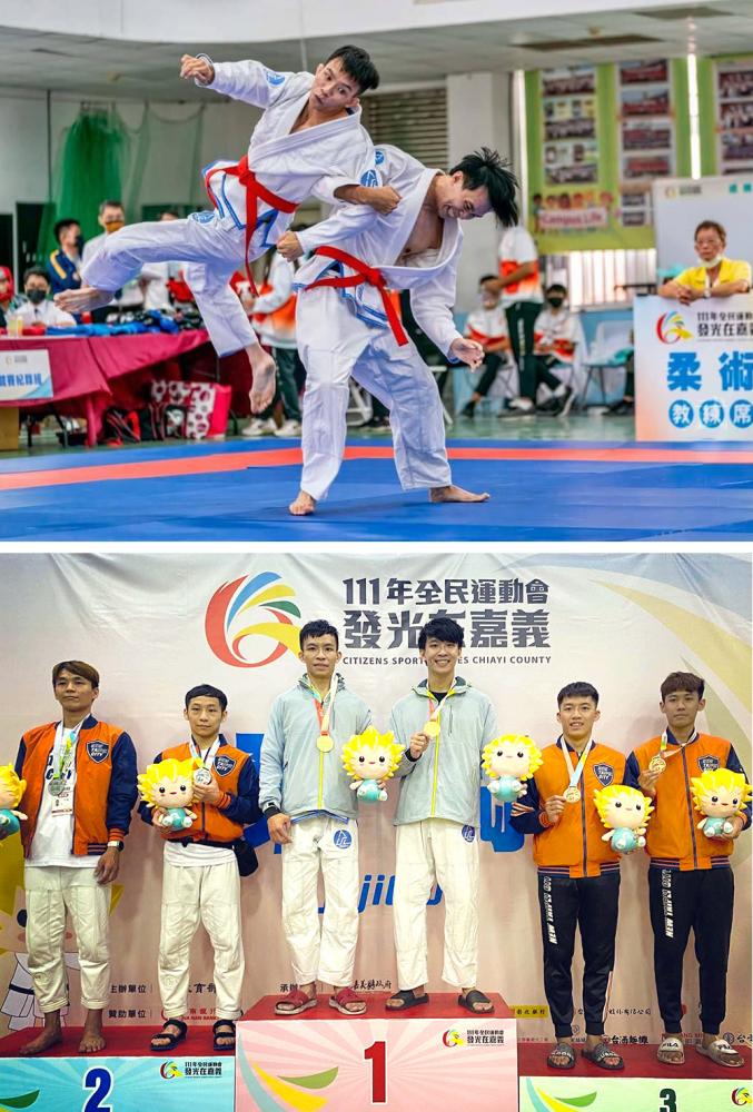 哥哥陳茂弘（左）與弟弟陳裕升（右），於111年全民運動會上榮獲雙人演武金牌、弟弟陳裕升也獲得寢技柔術金牌。(上：圖片提供/武藝廊；下：圖片提供/健人營業俱樂部)