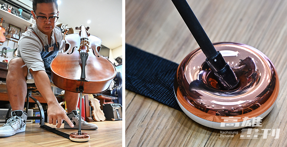 王宇寧跨足產品設計，第一個產品大提琴迷你號角，改良傳統大提琴止滑墊，不僅可支撐大提琴尾針不滑動，尾針也能發揮共鳴效果，讓演奏者隨時隨地呈現演奏廳的表演水準。(攝影/Carter)