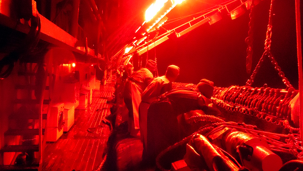 集魚燈紅、白、綠3色的穿透性及集魚效果不同，圖為船員們在紅色集魚燈下工作情形。(圖片提供/郭正元)