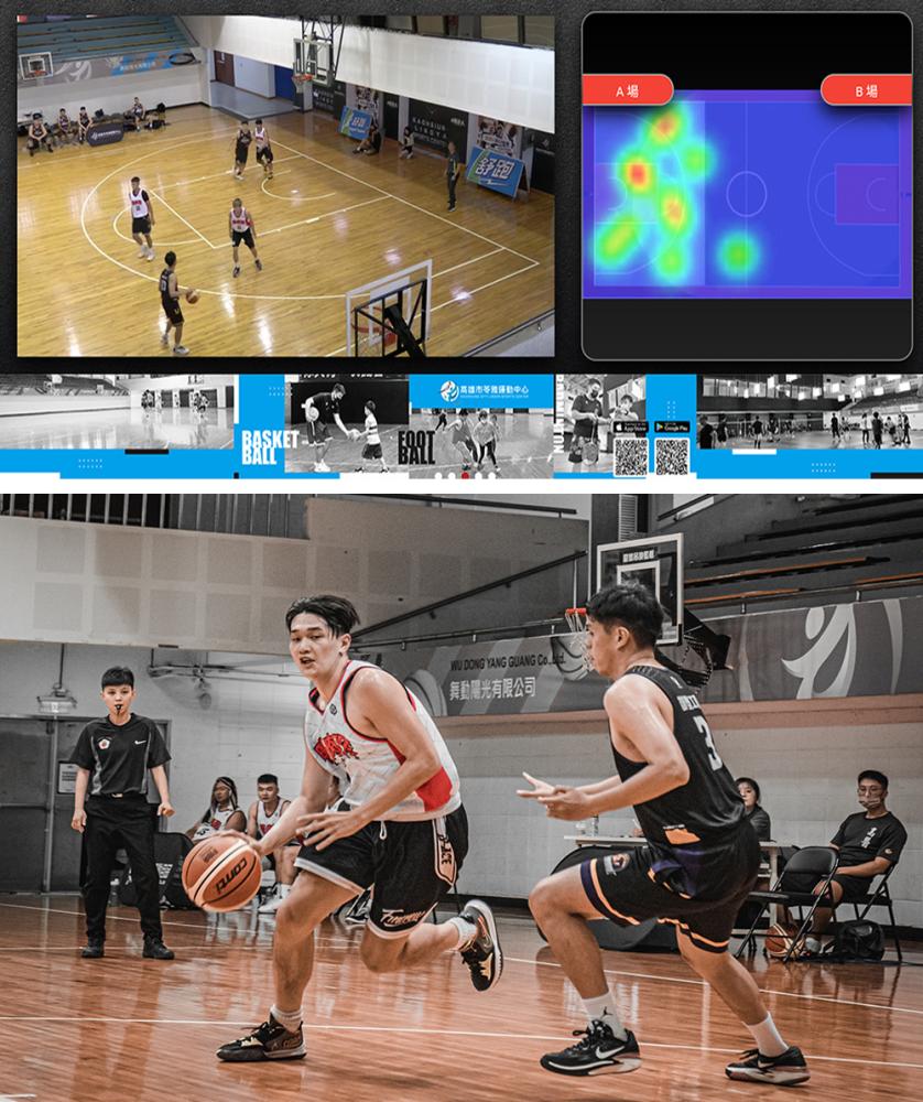 籃球場地藉由5G科技高速攝影，利用AI感測自動追焦，提供賽事直播攝影與球隊數據。