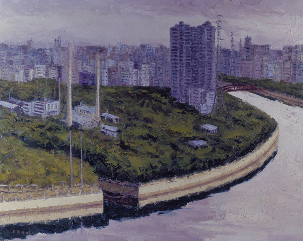 王國禎《高市與愛河》(1994)，油畫-油彩、畫布130×162cm，高雄市立美術館典藏。(圖片提供/高雄市立美術館)