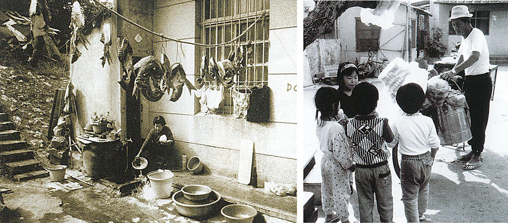 （左）勤奮簡實的捕烏人家。（右）目前依舊在紅毛港沿街叫賣的古早冰。(攝影／陳寶雄)