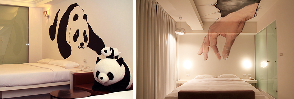 （左）逗趣的熊貓房，觸目可見具療癒感的黑白身影 。（右）從屋頂伸進房內的巨大手掌。