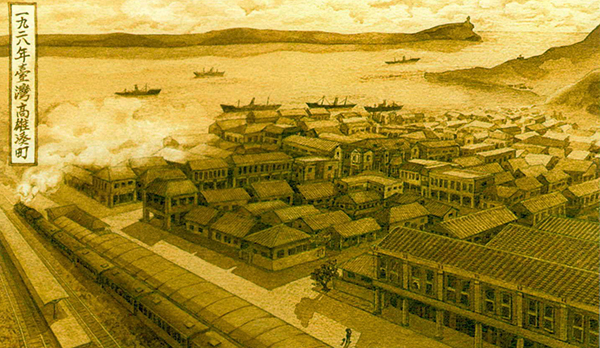 蔡達源的手繪插畫,呈現出1928年台灣高雄湊町(哈瑪星)的風情。哈瑪星愛情故事五個場景之ㄧ:哈瑪星的早晨,男孩站在女孩家樓下呼喚。(圖/蔡達源提供) 蔡達源的手繪插畫,呈現出1928年台灣高雄湊町(哈瑪星)的風情。哈瑪星愛情故事五個場景之ㄧ:哈瑪星的早晨,男孩站在女孩家樓下呼喚。(圖/蔡達源提供)