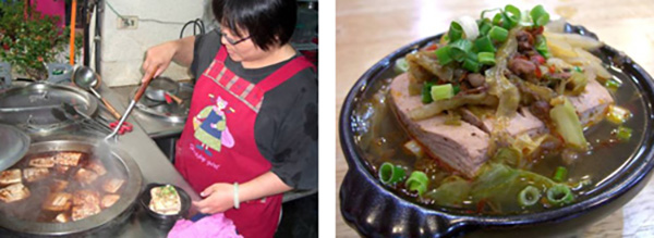 熬煮至少十個鐘頭的臭豆腐，入味十足。(左圖/ 樺航攝)　聞名的臭豆腐煲，料多味美。(右圖/ 樺航攝)