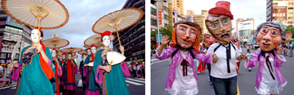 高雄世運倒數遊行，展現國際視野，異國風情濃厚的造型獨樹一格。( 左圖/張忠義攝)　童話中的玩偶，也活躍在遊行行列中。( 圖/張忠義攝)