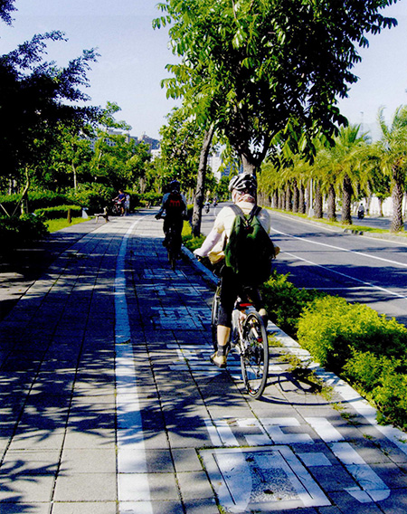 市民順著同盟路上的自行車專用道踩著單車,緩慢而行,感受樂活時光。(圖/樺航攝) 市民順著同盟路上的自行車專用道踩著單車,緩慢而行,感受樂活時光。(圖/樺航攝)