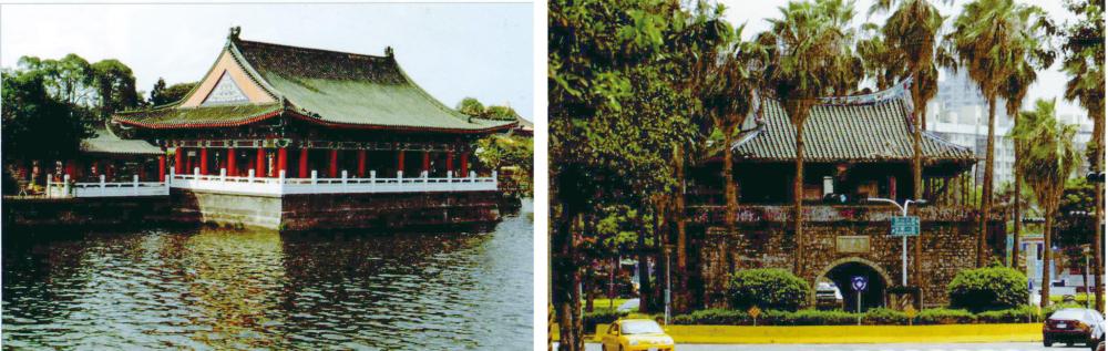 市府民國63年，在蓮池潭畔新建的高雄孔廟。（左圖/鮑忠暉攝） 左營鳳山縣舊城南門名曰「啟文」。（右圖/張忠義攝）