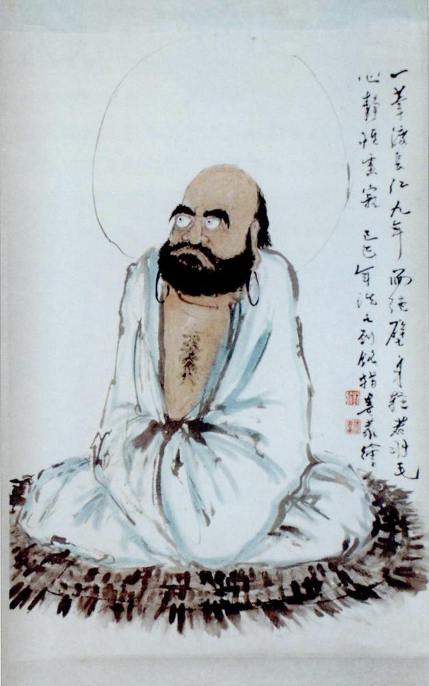 劉銘的指畫「達摩」，是他頗為得意的作品。(圖/郭力睿攝影)