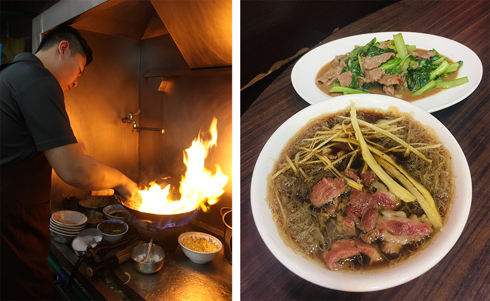 （左）舊市羊肉熱炒羊肉是師傅的手路菜。（右）一盤羊肉，一碗當歸羊肉湯，是冬日裡的一大享受。