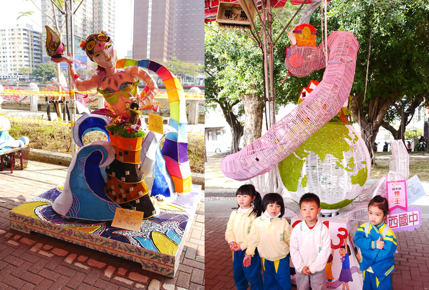 幼稚園小朋友由老師帶隊參觀高雄燈會競賽花燈得獎作品。（圖∕張簡英豪 攝）