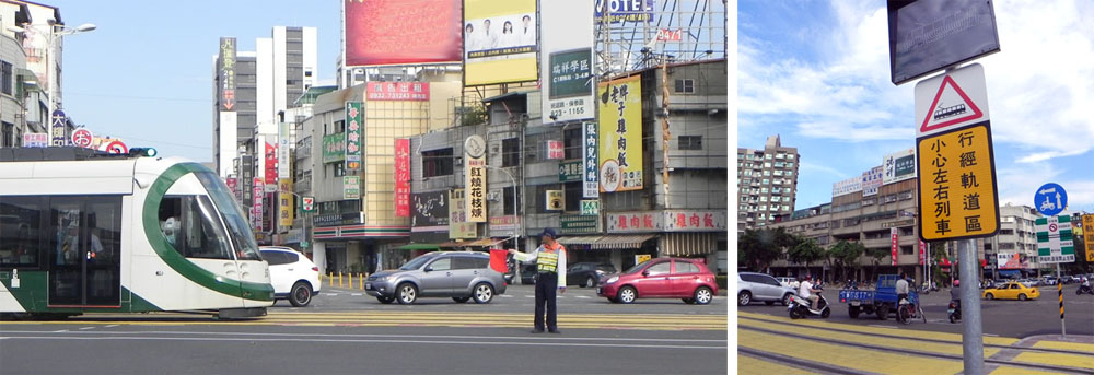 輕軌與平面道路共用路權，請大家注意「禮讓」，確保交通安全。（圖/廖順福 攝）