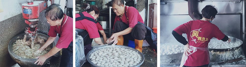 左圖：將魚背去鱗去刺，然後搗成魚漿製成魚丸。（許組長·攝影）中圖：把魚漿一顆一顆地用手捏出丸狀丟入水盆裡。（許組長·攝影）右圖：魚丸送進大鍋裡加熱烹煮，就剩最後一個步驟撈起來風乾了。（許組長·攝影）