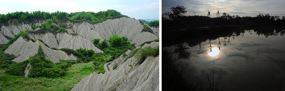 左：田寮月世界地景。右：月世界的夕陽。（鮑忠暉‧攝影）