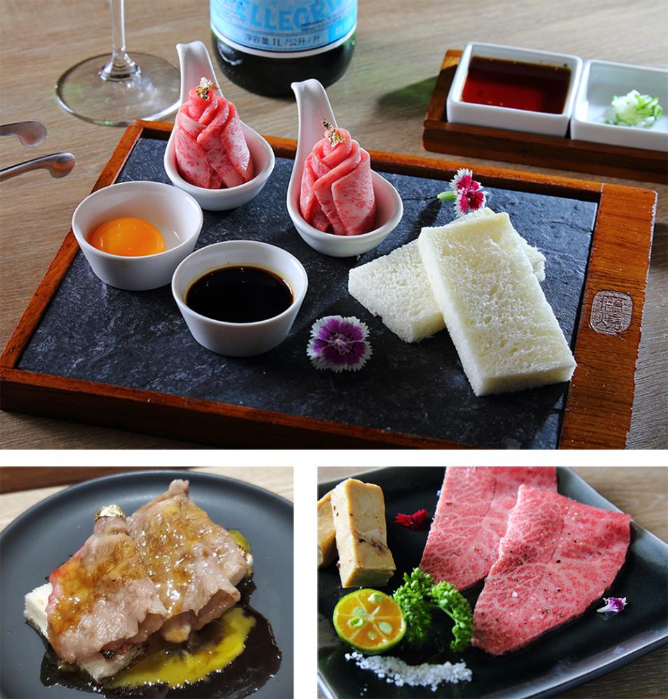 （上、下左）精選蛋黃吐司的發想源自於台灣中秋節常見的土司夾肉，入口細緻綿密。（下右）和牛板腱與鴨肝是結合日式及西式的經典料理。（攝影／Carter）