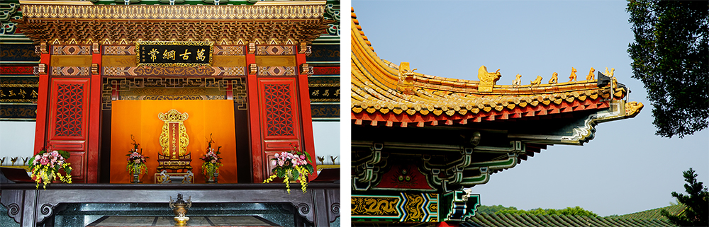 （左）左營孔子廟門柱沒有對聯，意謂不要在孔夫子面前賣文章。（右）飛簷走獸呈現建築位階的高低。（攝影／曾信耀）