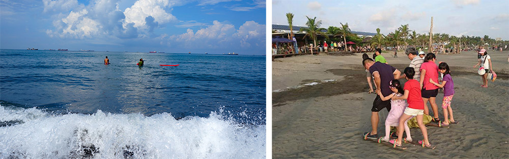 旗津可以衝浪，也可以在岸邊玩耍。（左：攝影／孫小龍攝影，右：圖片提供／旗津黑沙玩藝節）
