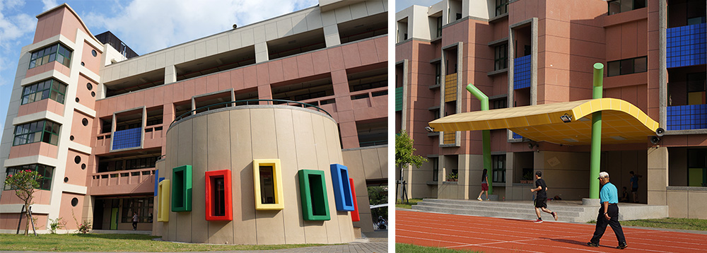 瑞豐國小新校舍的色彩繽紛，還有「毛毛蟲司令台」。（攝影／孫小龍）