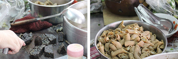 豬血湯融合許多豐富食材而成 Pig-blood soup consists of many ingredients.