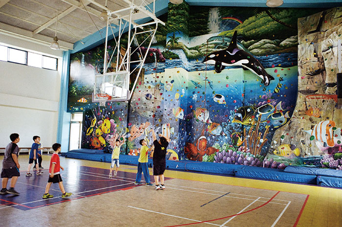 海洋意象彩繪的攀岩牆 The school's climbing wall features paintings of marine animals and environments.