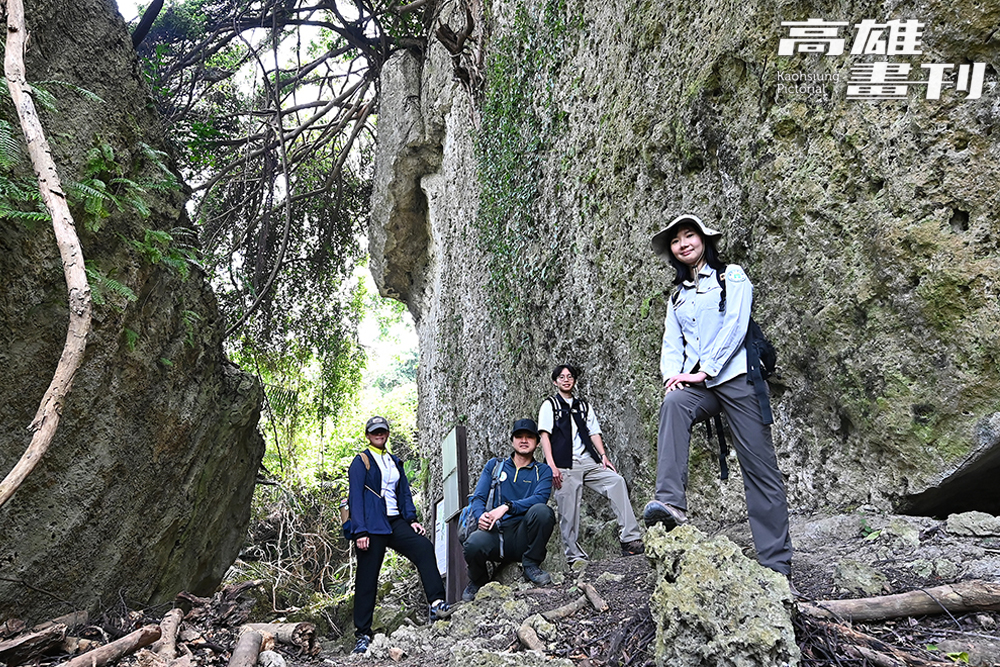 半屏山地質為高位珊瑚礁石灰岩，形成單面峭壁的大岩壁及溝壑峽谷特殊景觀，近看可能會發現很多貝類化石。(攝影/Carter)